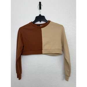 Forever 21 Color Block Crop Top Long Sleeve Sweatshirt Brown Beige‎ Trendy
